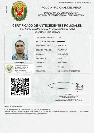 Miniatura del documento: Certificado de Antecedentes Policiales — PNP, 04/08/2026