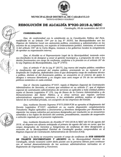 Miniatura del documento: Resolución de designación, página 1 — Carabayllo