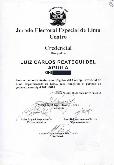 Miniatura del documento: Credencial de Regidor Metropolitano de Lima — JEE Lima Centro