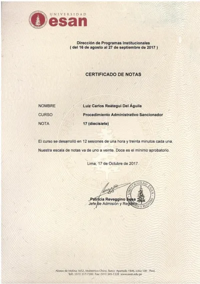 Miniatura del documento: Certificado de notas, nota 17/20 — ESAN