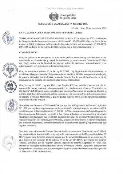 Miniatura del documento: Resolución de designación, página 1 — Pueblo Libre