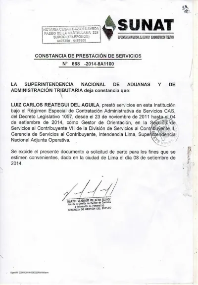 Miniatura del documento: Constancia de servicios como Gestor de Orientación — SUNAT