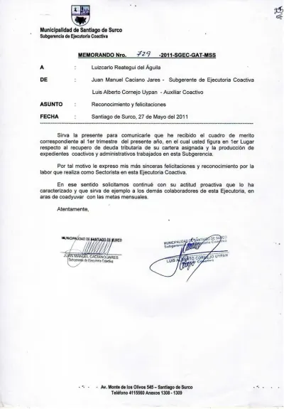 Miniatura del documento: Primer lugar en cuadro de mérito por recuperación de deuda tributaria — Surco